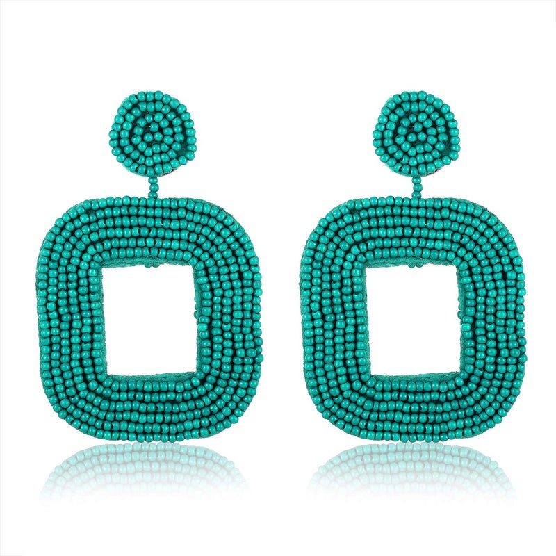 Boderier Beaded Drop Earrings Bohemian Wire Wrapped Beaded Square Hoop Dangle Statement Earrings (Blue) - Image 1